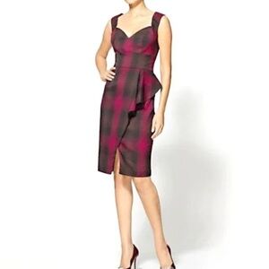 Black Halo 4 Red Black Plaid Tartan Sheath Dress Sleeveless Career Slit